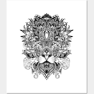 Black and white lion mandala pattern line art drawing Posters and Art